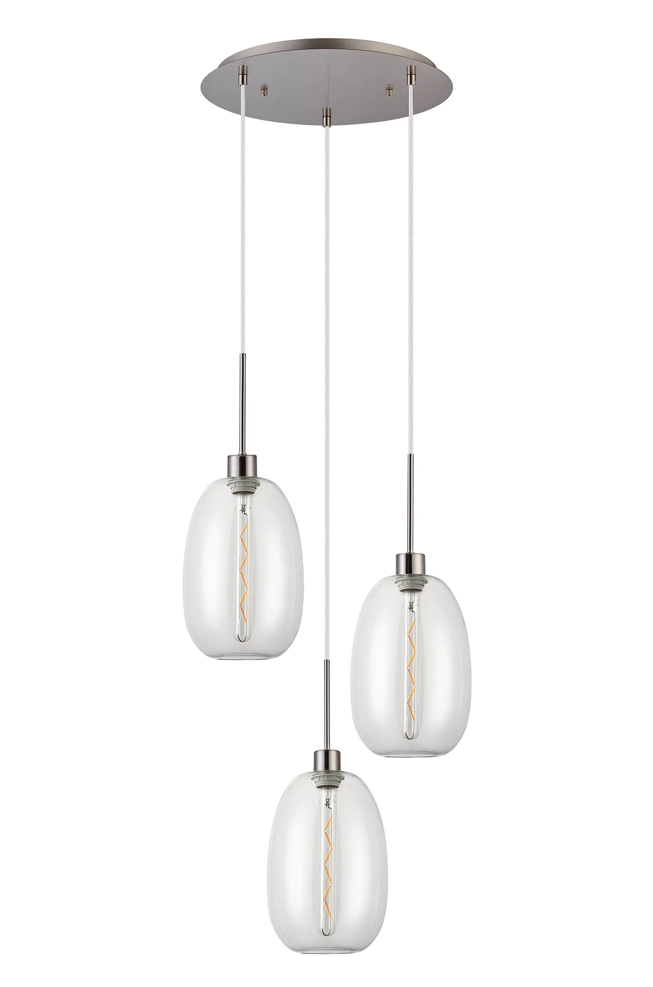 Lori 40cm Round Pendant, 3 Light Adjustable E27, Satin Nickel/Clear Slim Curved Trapezium Shades DK1361  Deco Lori Satin Nickel